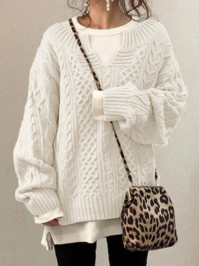 Retro V-Ausschnitt Zopfstrickpullover für Frauen