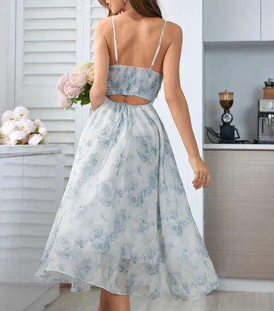 Irene Sommerkleid | Elegantes modernes Blumen-Midikleid mit Spaghettiträgern und rückenfreiem Design