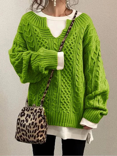 Retro V-Ausschnitt Zopfstrickpullover für Frauen
