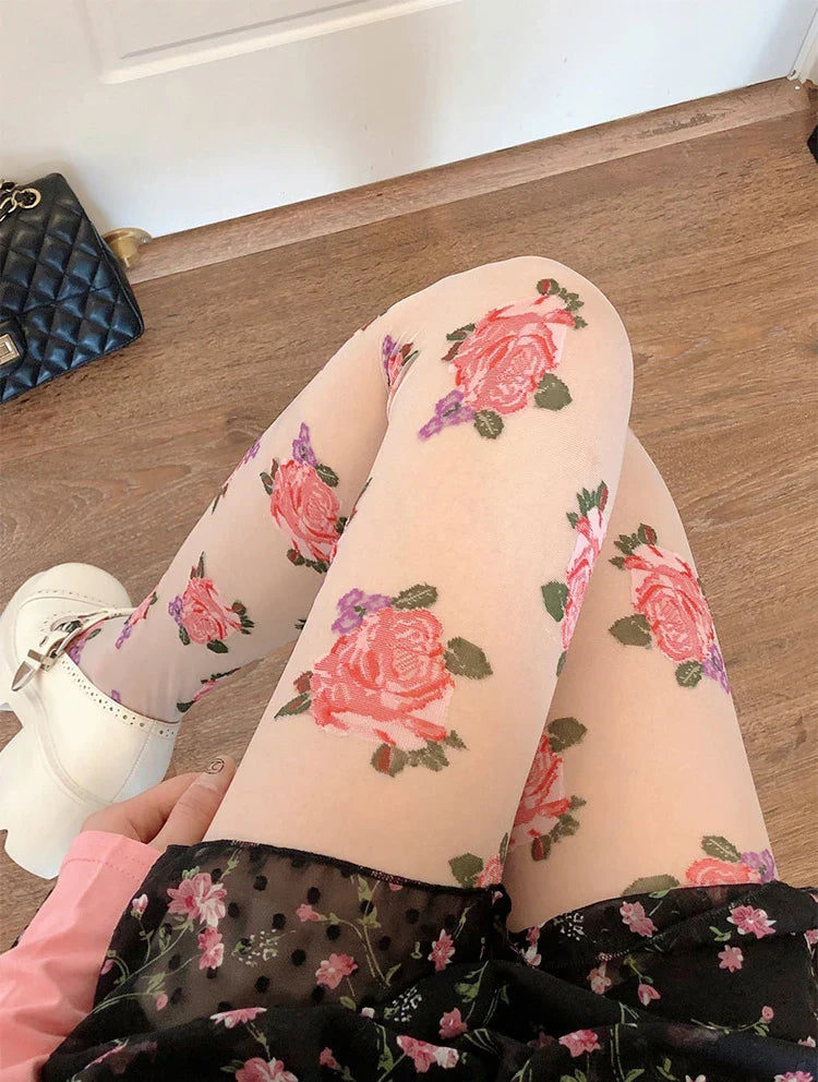 Damen Strumpfhose mit Rosenblüte Gemusterte | Vintage