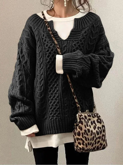 Retro V-Ausschnitt Zopfstrickpullover für Frauen