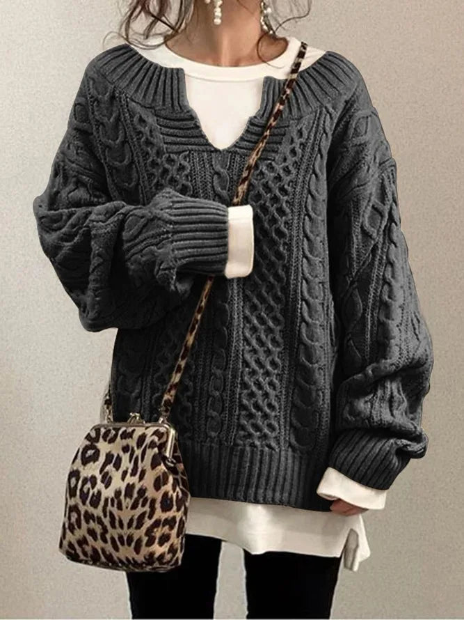 Retro V-Ausschnitt Zopfstrickpullover für Frauen