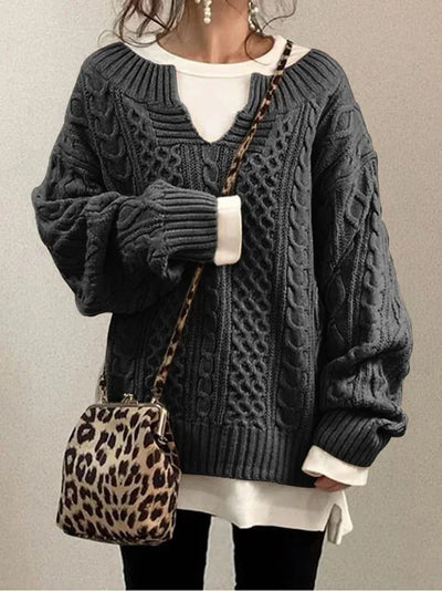 Retro V-Ausschnitt Zopfstrickpullover für Frauen