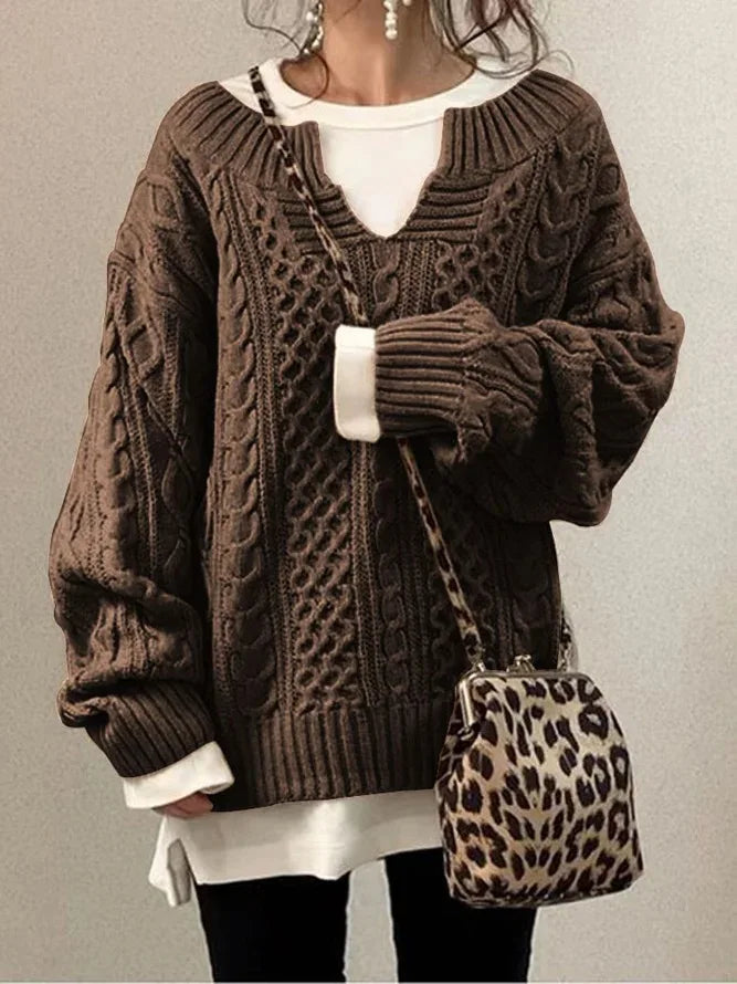 Retro V-Ausschnitt Zopfstrickpullover für Frauen