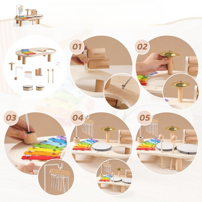 MelodyPlay Holzmusikspielzeug – All-in-One Pädagogisches Instrument für Kleinkinder mit Trommeln, Xylophon & Glocken