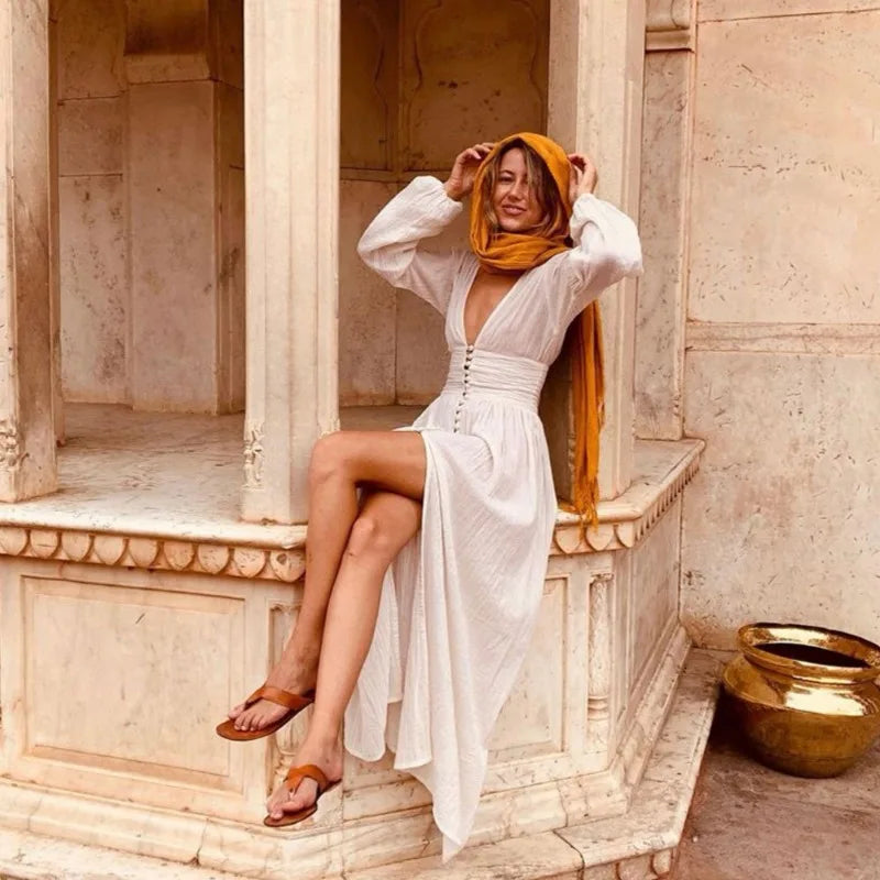 Lina Sommerkleid | Langes, schickes Damenkleid mit kurzen Ärmeln und V-Ausschnitt