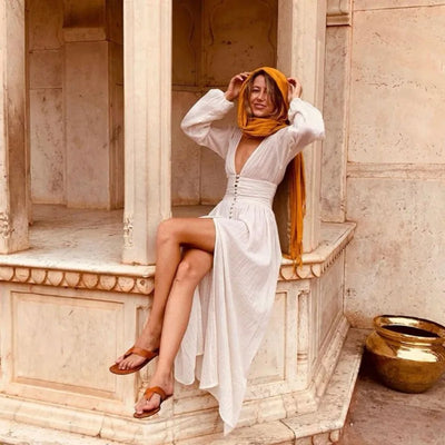 Lina Sommerkleid | Langes, schickes Damenkleid mit kurzen Ärmeln und V-Ausschnitt