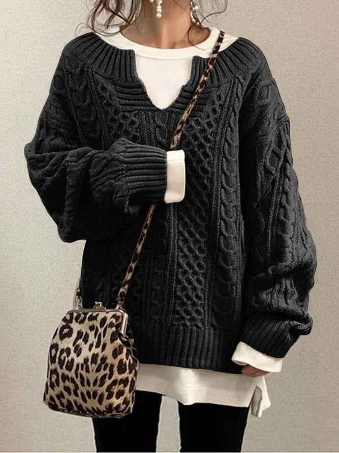 Retro V-Ausschnitt Zopfstrickpullover für Frauen
