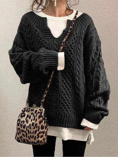 Retro V-Ausschnitt Zopfstrickpullover für Frauen