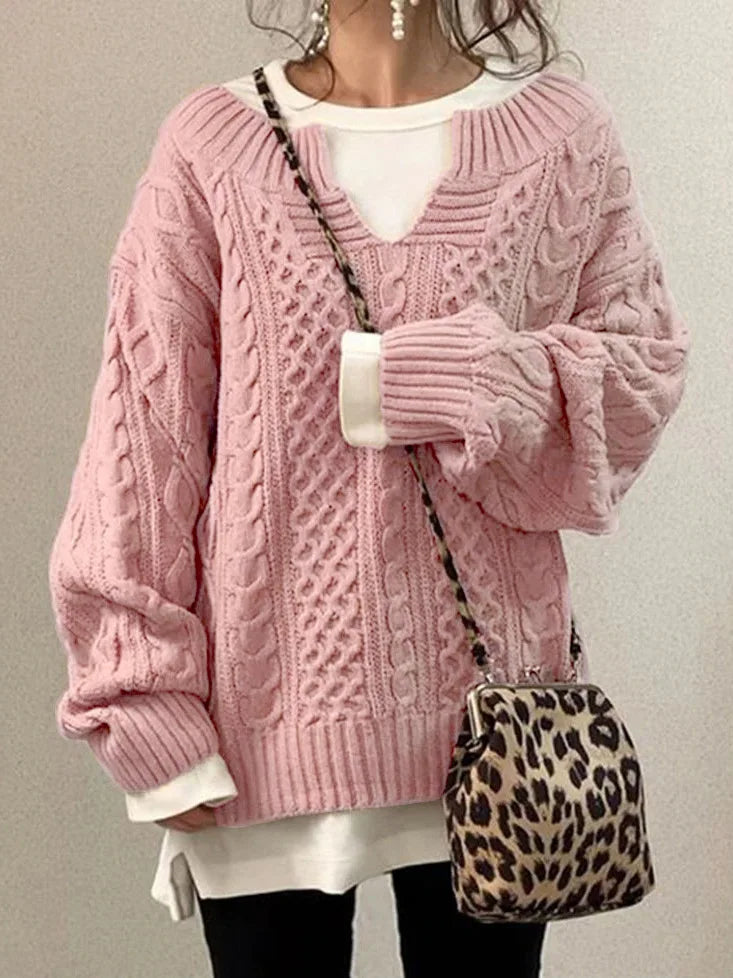 Retro V-Ausschnitt Zopfstrickpullover für Frauen