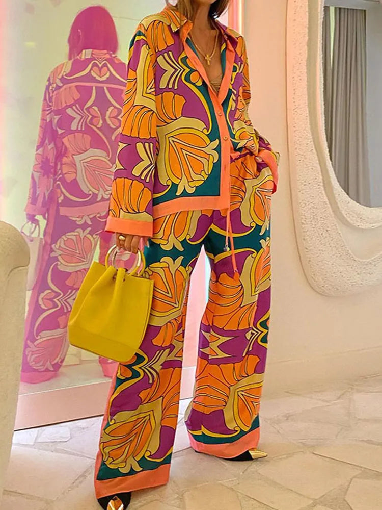 Amalia Eleganter Anzug | Elastische Hose und Blusen-Set mit Sommerblumenmuster