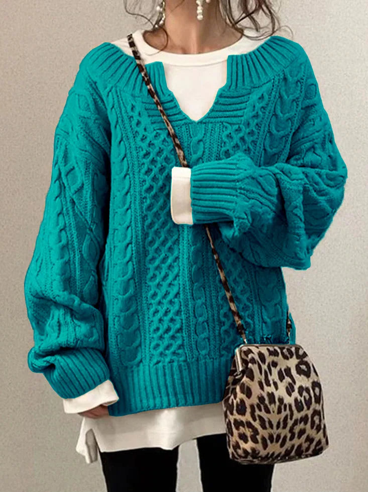 Retro V-Ausschnitt Zopfstrickpullover für Frauen