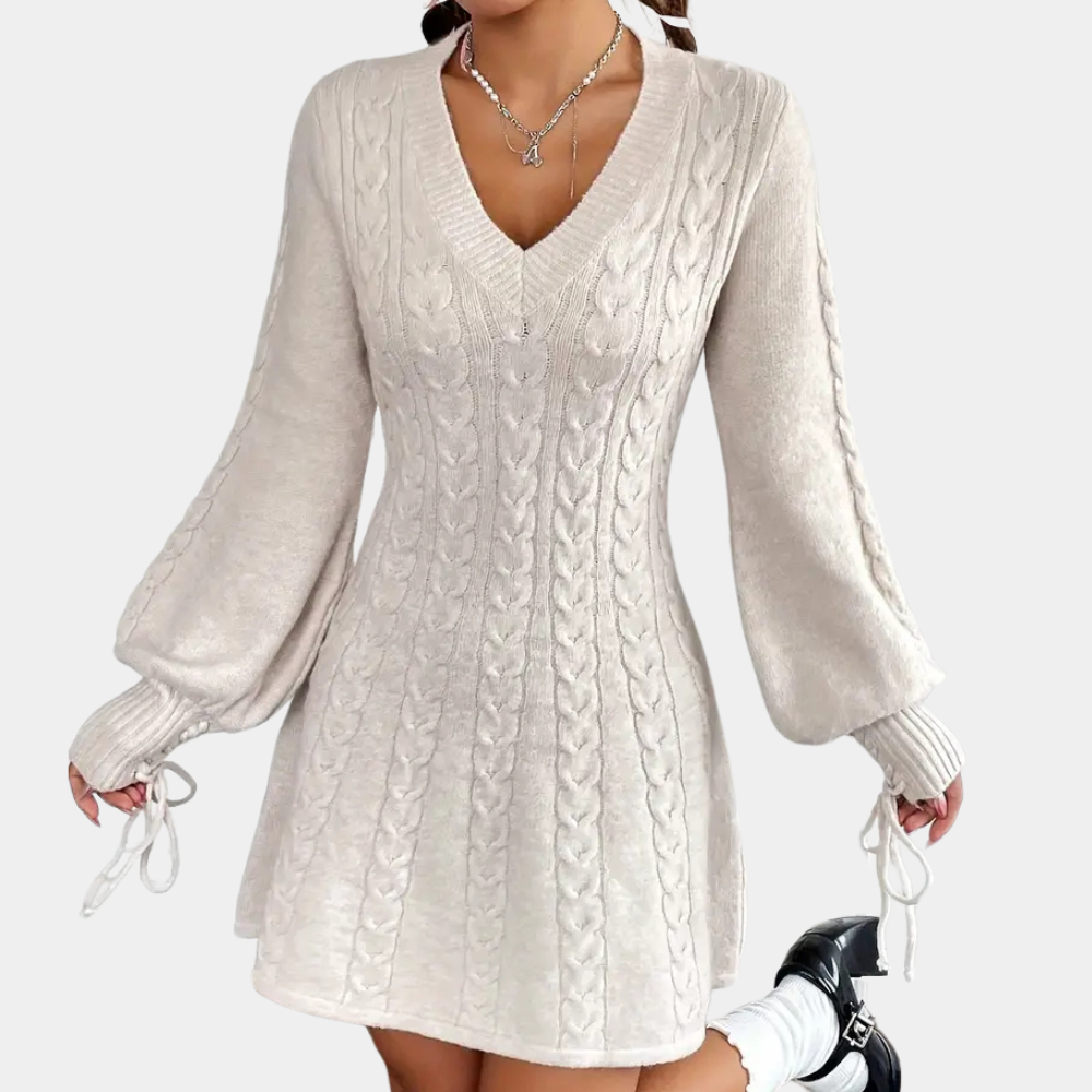 Damen Strickkleid mit Zopfmuster | V-Ausschnitt & Verspielte Ärmel