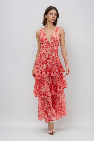 Sarah | Langes Kleid mit V-Ausschnitt und Volants Blume