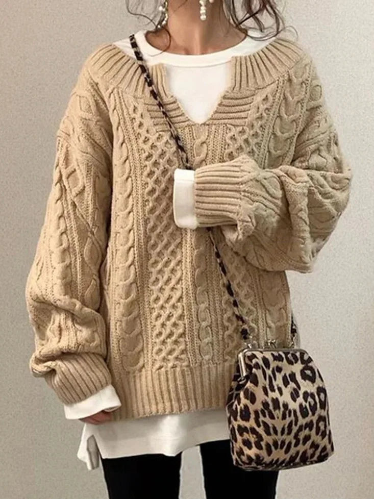Retro V-Ausschnitt Zopfstrickpullover für Frauen