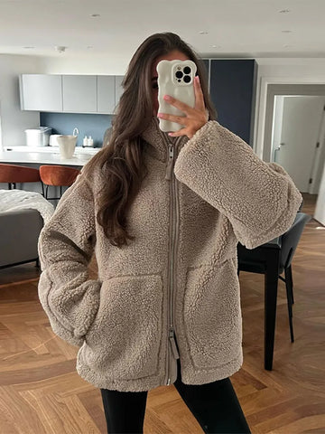Stehkragen-Teddymantel mit tiefen Taschen für Frauen