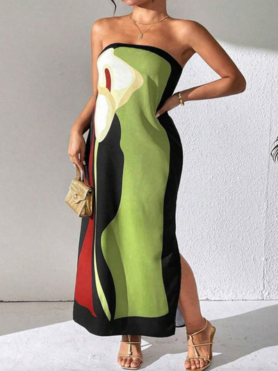 Sommerkleid für Damen - Leichtes Bandeau-Maxikleid mit tropischem Muster