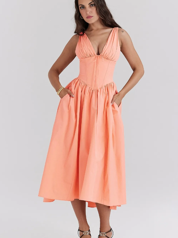 Ariana - Midikleid mit V-Ausschnitt, Korsett und ausgestelltem Rock