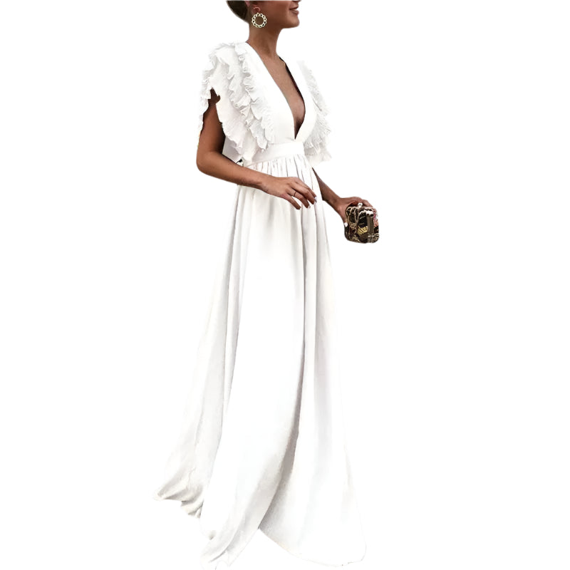 LuxeFlair Maxikleid mit tiefem V-Ausschnitt und Rüschensäumen