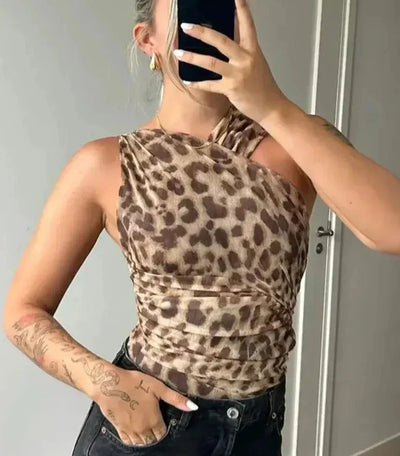 Stefanie Leopardenmuster-Bodysuit | Sommer ärmelloser schlanker bedruckter Damenbodysuit für heiße Tage