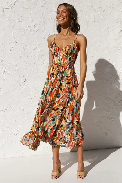 Isla | Midi Dress with Sunset Brushstroke Design