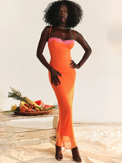 Cherley™ | Orange Spitzen-Maxikleid