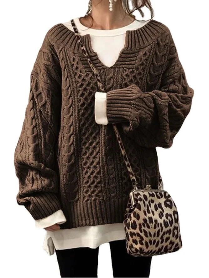 Retro V-Ausschnitt Zopfstrickpullover für Frauen