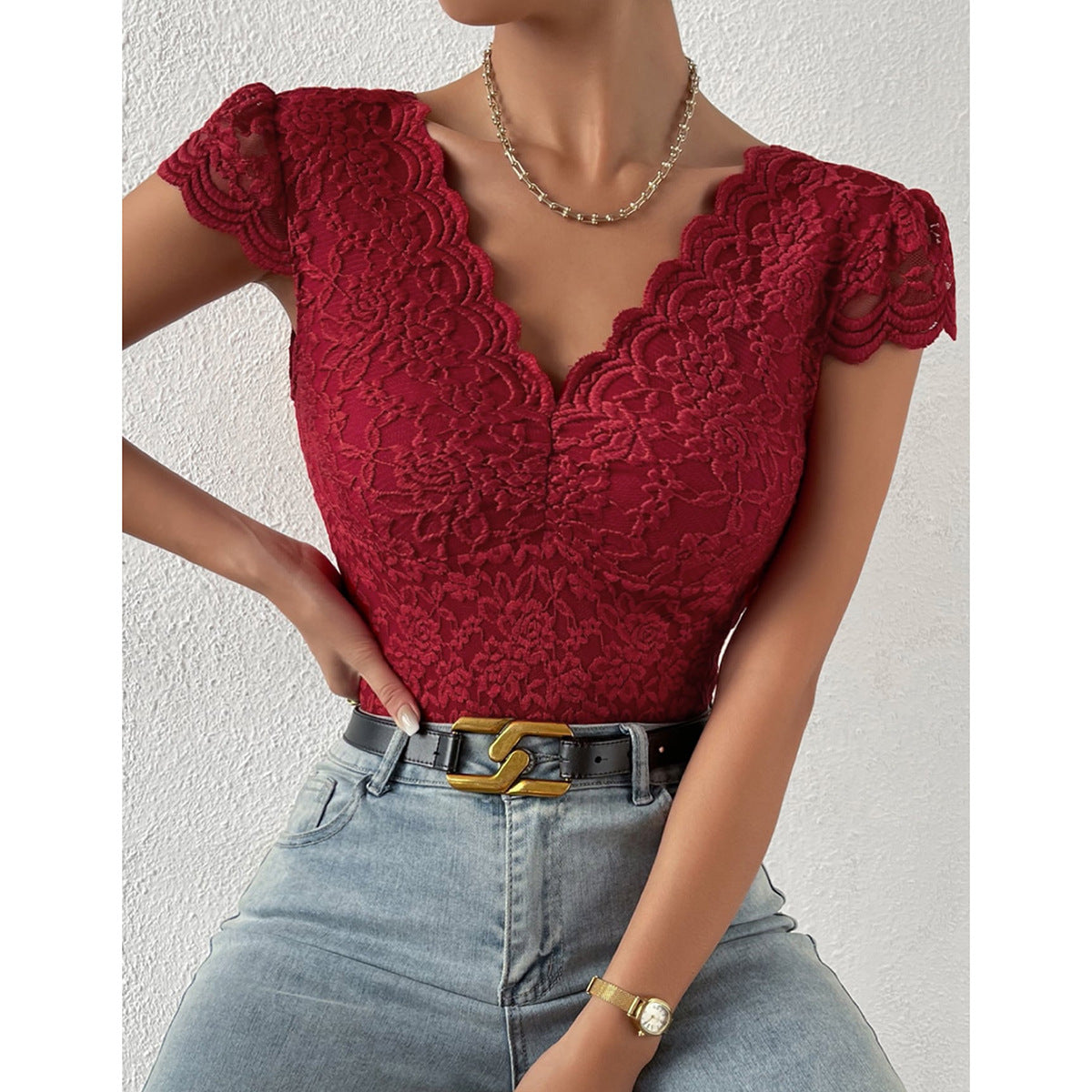 Avelina® | Eleganter Body mit Spitzenärmeln und V-Ausschnitt