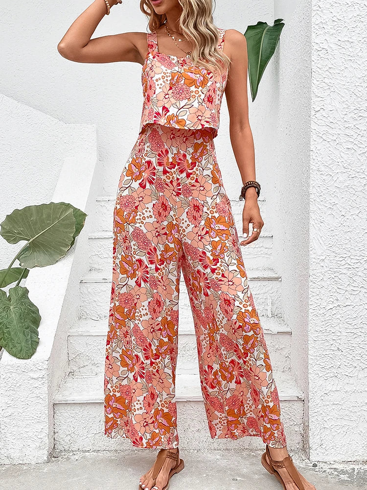 Nigela Floral Jumpsuit | Leichter Sommer-Jumpsuit mit Rückenausschnitt und weiten Beinen