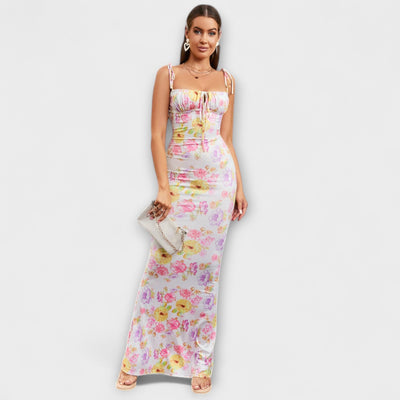 Thalia - Floral Print Prom Dress with Tied Shoulder Straps