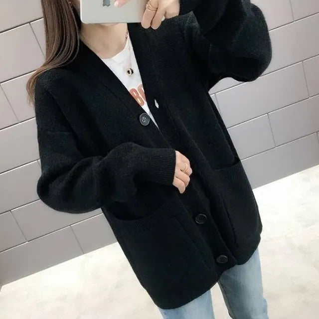 Langärmelige Strickjacke mit Knöpfen für Frauen