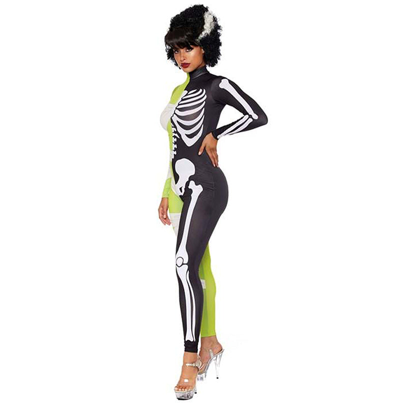 Damen Halloween-Jumpsuit mit Skelett- und Mumienmotiv | Einteiler mit Langarm