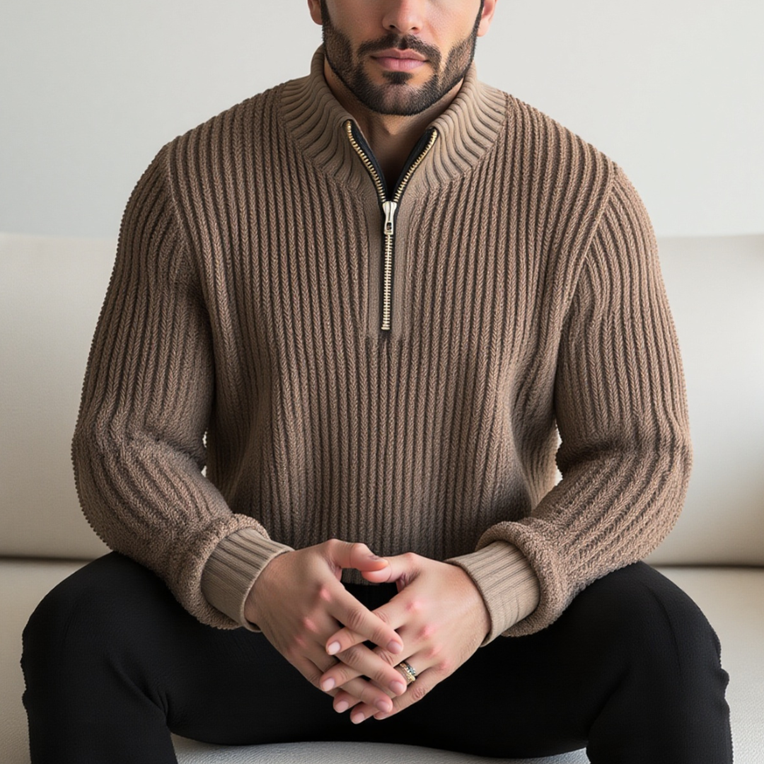 Gerippter Pullover mit halbem Reißverschluss für Herren