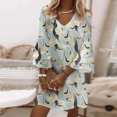 Minikleid mit Ornamentmuster | V-Ausschnitt | Weite Ärmel