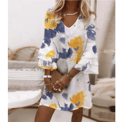 Minikleid mit Ornamentmuster | V-Ausschnitt | Weite Ärmel