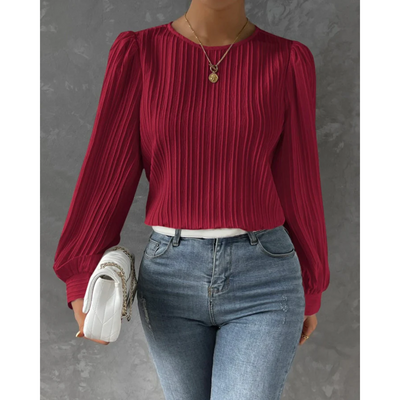 Plissee-Bluse mit Rundhalsausschnitt | Puffärmel | Feine Struktur