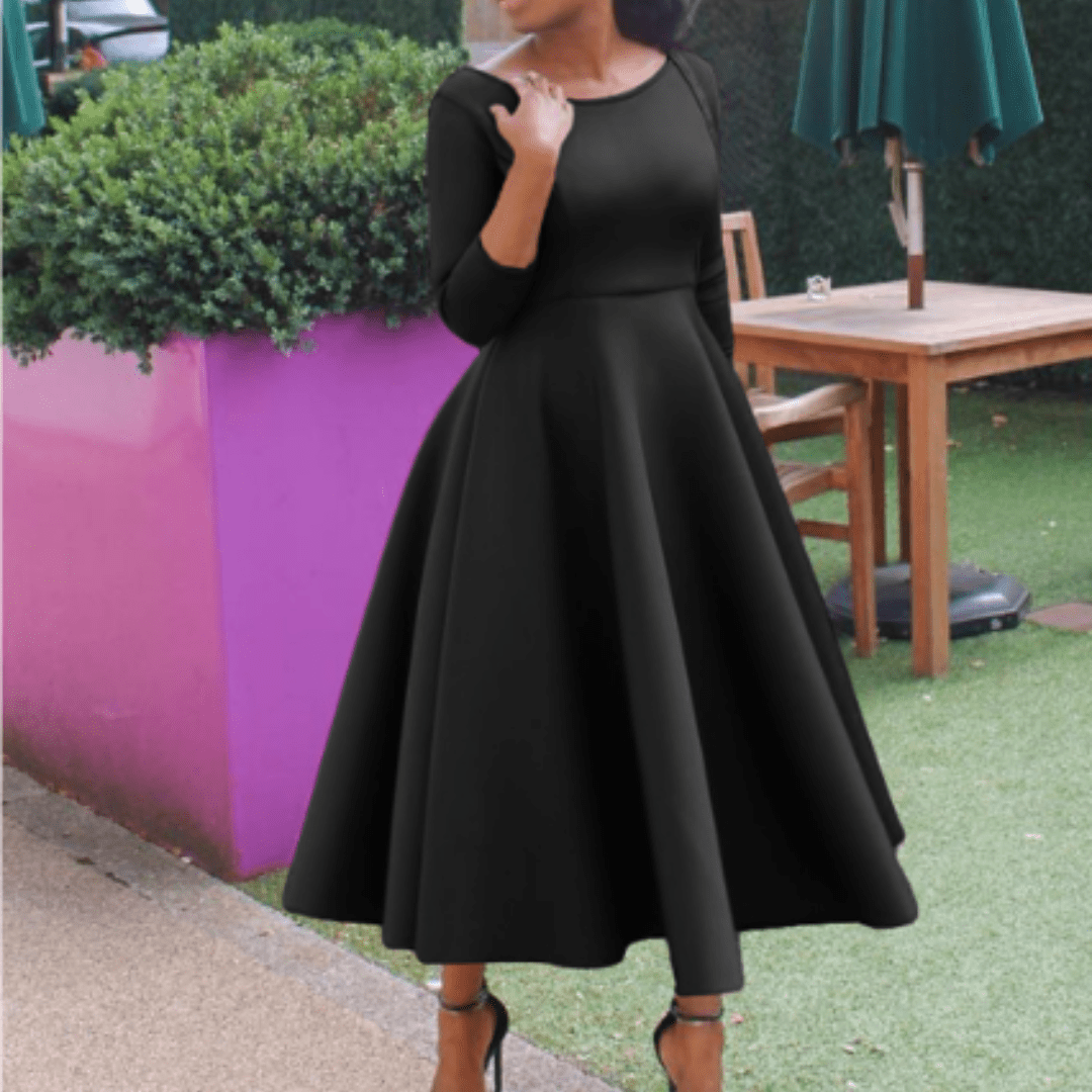 Midikleid mit 3/4-Ärmeln | Ausgestellter Rock | Femininer Rundhalsausschnitt