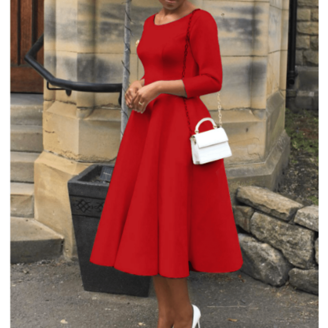 Midikleid mit 3/4-Ärmeln | Ausgestellter Rock | Femininer Rundhalsausschnitt