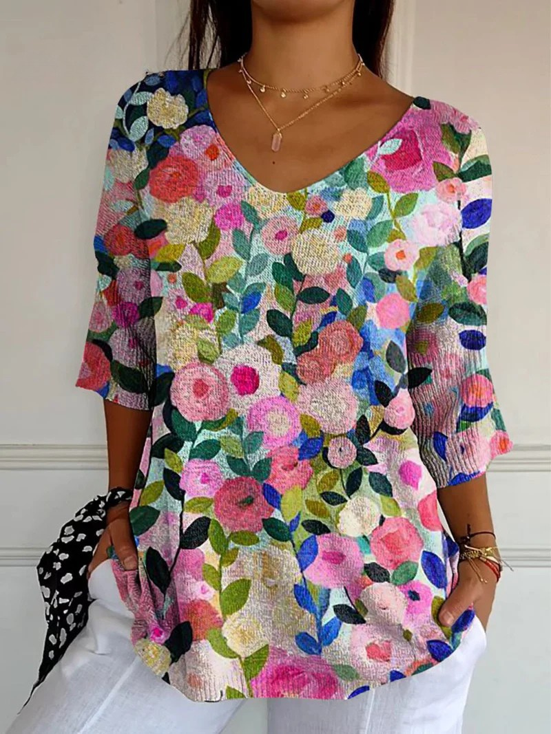 Leandra® | Buntes Frühlingsblumen-Garten-Printed Damen Casual Pullover Strick