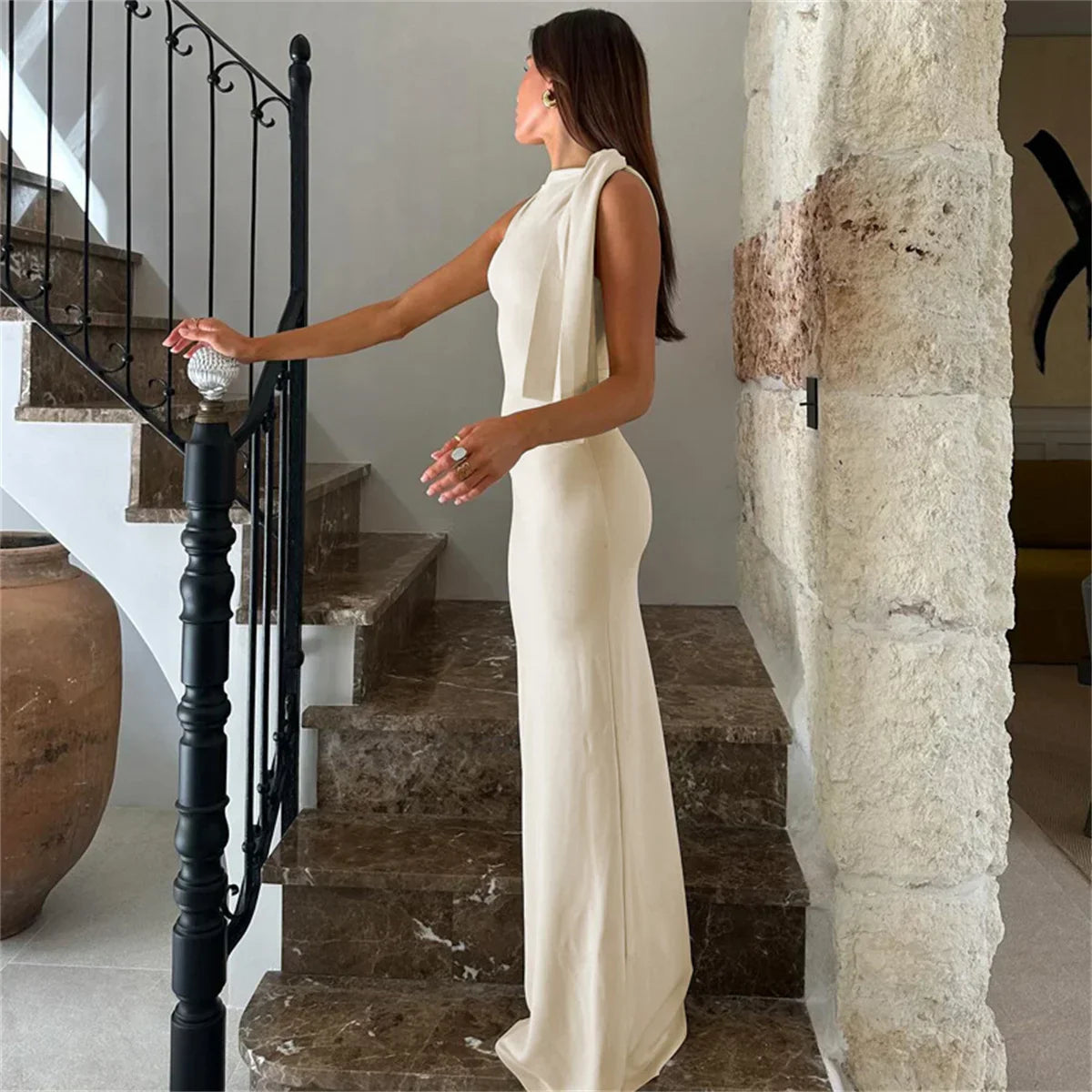 Cristina - Langes Kleid mit Bindeband an der Schulter