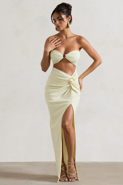 Cancun™ | Ecrufarbenes, trägerloses Maxikleid mit Cut-outs und Twist