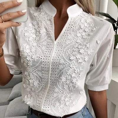 Blusenshirt für Damen - Elegantes Weißes Top mit Stehkragen für den Sommer