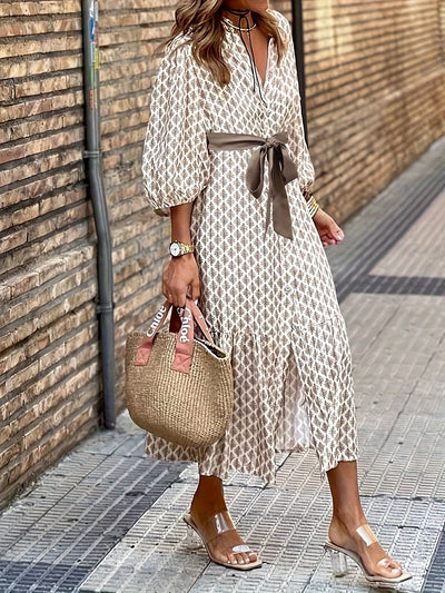 Elegantes Damen Wickelkleid - Stilvolles Midikleid mit ausdrucksstarkem Muster und Gürtel