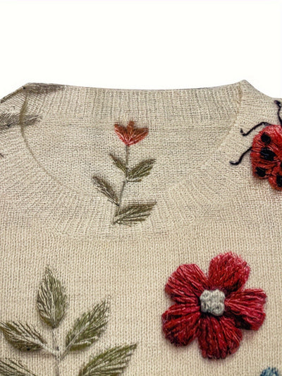 Pullover mit Blumen und Insektenstickerei für Damen