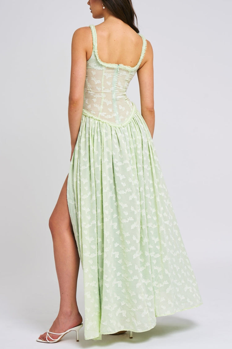 Ulissa – Weiches grünes Jacquard-Maxikleid mit hohem Schlitz und quadratischem Ausschnitt