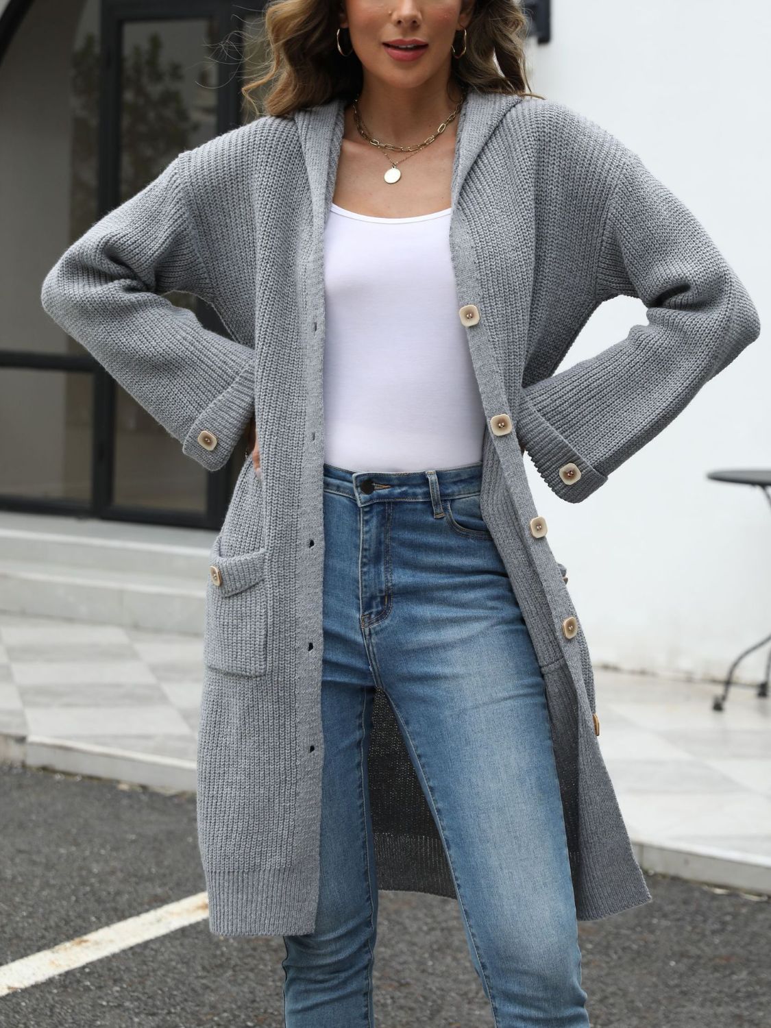 Strickmantel mit Kapuze | Knopfverschluss | Lässiger Komfort