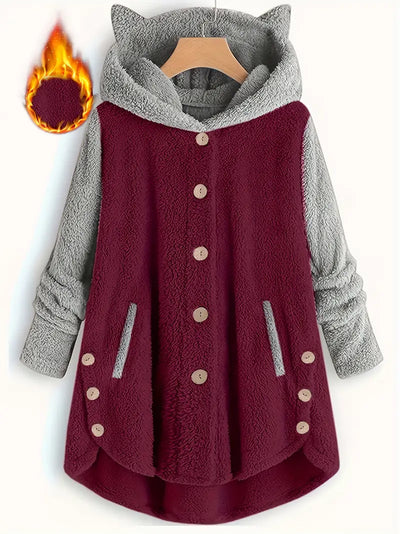 Zweireihige Fleecejacke mit Katzenohren für Damen