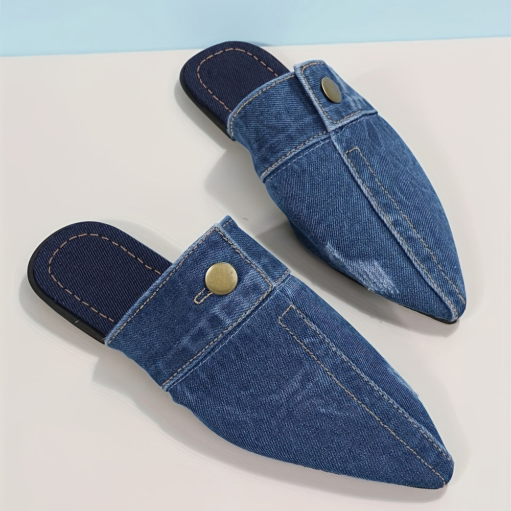 Mules im Denim-Look | Spitz zulaufend | Metallknopf-Detail