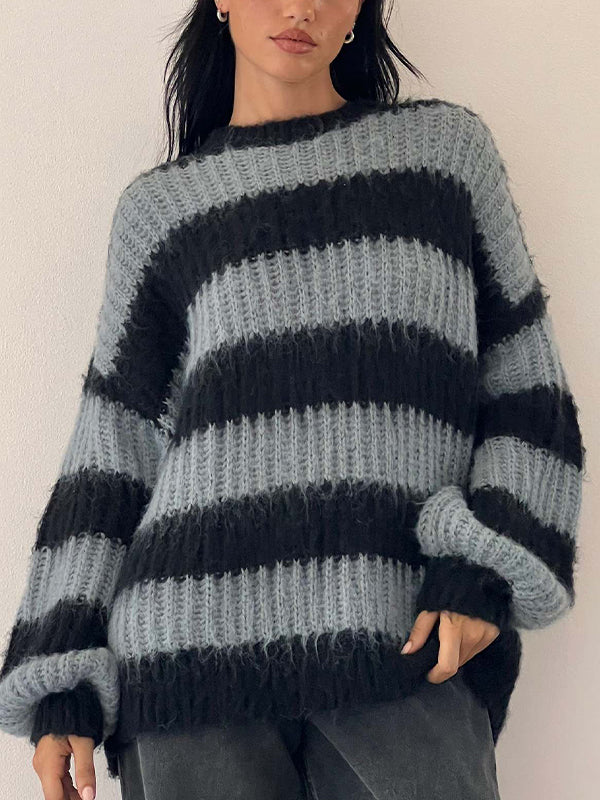 Gestreifter Rundhalspullover mit Laternenärmel