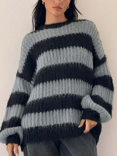 Gestreifter Rundhalspullover mit Laternenärmel